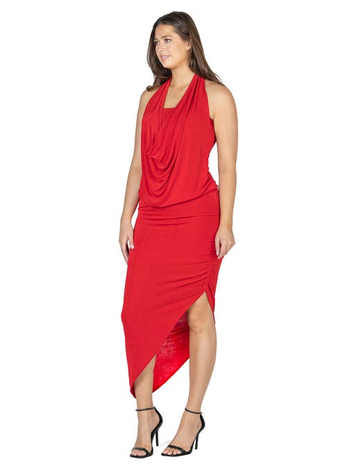 24seven Comfort Apparel Womens Cowl Neck Long Asymmetrical Backless Halter Dress In Red