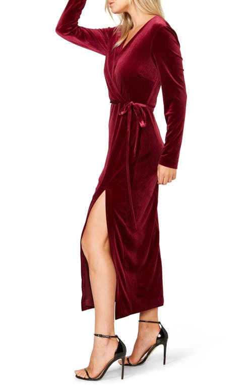 Bardot Morgan Long Sleeve Velvet Faux Wrap Dress In Burgundy
