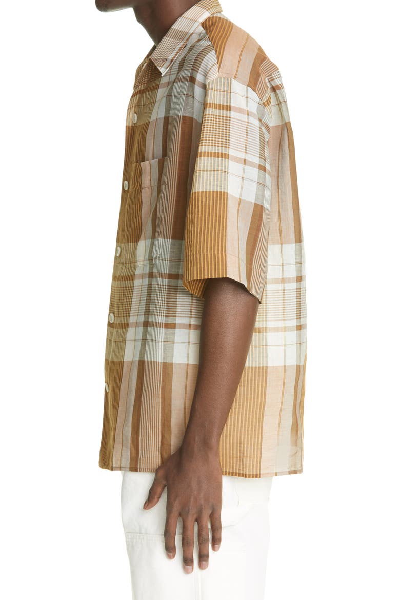 Plaid Cotton & Linen Button-Up Camp Shirt, Alternate, color, 125 LIGHT YELLOW W/ LIGHT BLUE