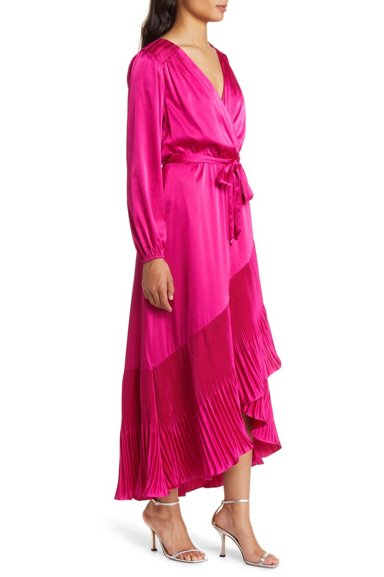 Asymmetric Pleated Belted Long Sleeve Dress, Alternate, color, BOLD FUCHSIA