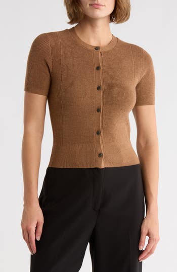 Rag & Bone Dina Short Sleeve Wool Cardigan In Brown