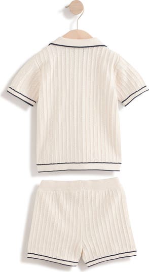Kids' Tipped Cotton Button-Up Polo Sweater & Shorts Set