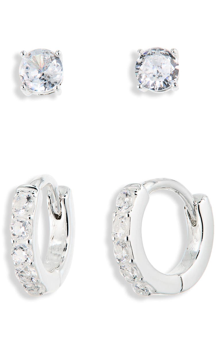 Leith Set of 2 Cubic Zirconia Stud & Huggie Hoop Earrings, Alternate, color, Clear- Silver