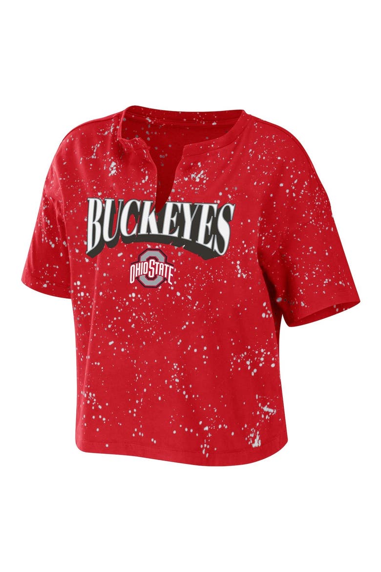 Women's WEAR by Erin Andrews Scarlet Ohio State Buckeyes Bleach Wash Splatter Cropped Notch Neck T-Shirt, Alternate, color, Scarlet