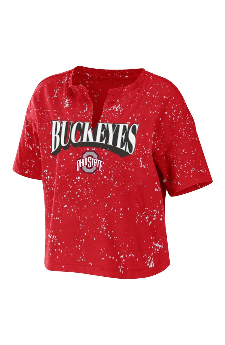 WEAR by Erin Andrews Women's WEAR by Erin Andrews Scarlet Ohio State Buckeyes Bleach Wash Splatter Cropped Notch Neck T-Shirt, Alternate, color,