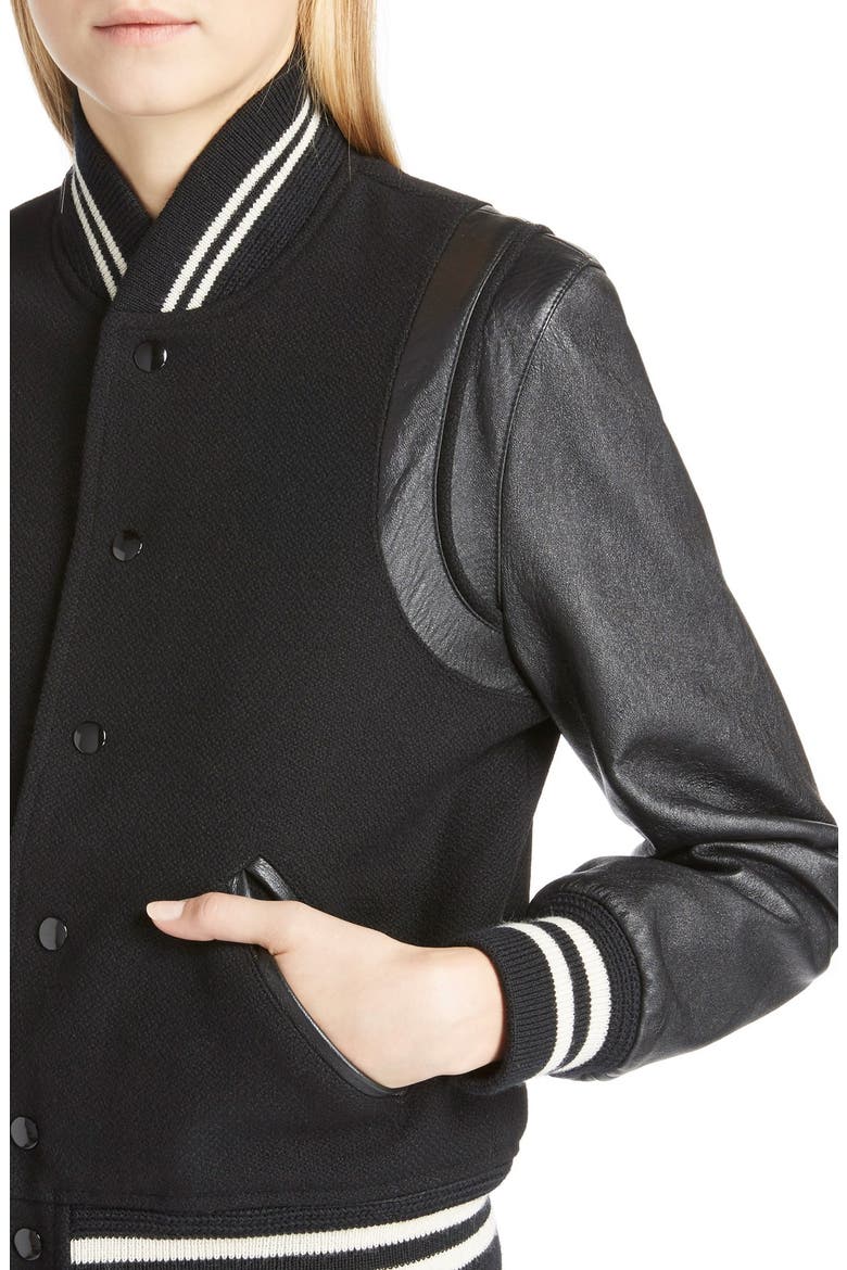 'Teddy' Full Leather Sleeve Bomber Jacket, Alternate, color, BLACK