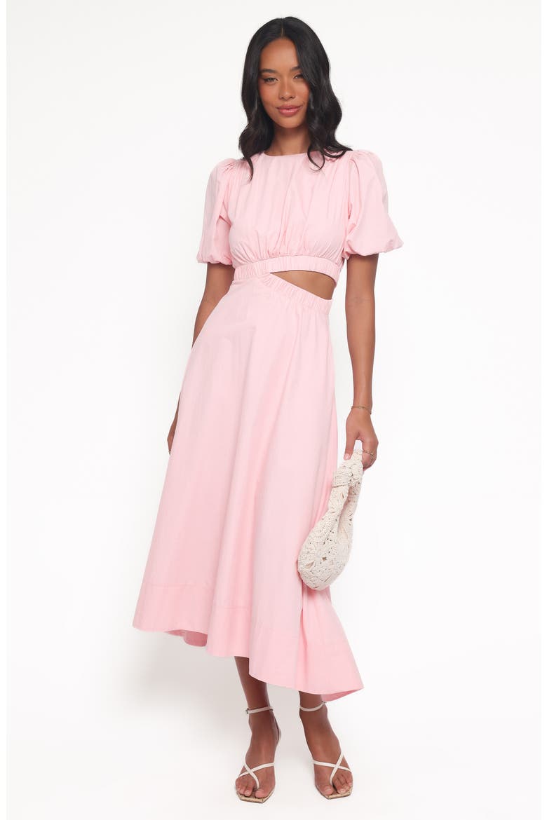 Aminah Puff Sleeve Cutout Midi Dress, Alternate, color, PINK