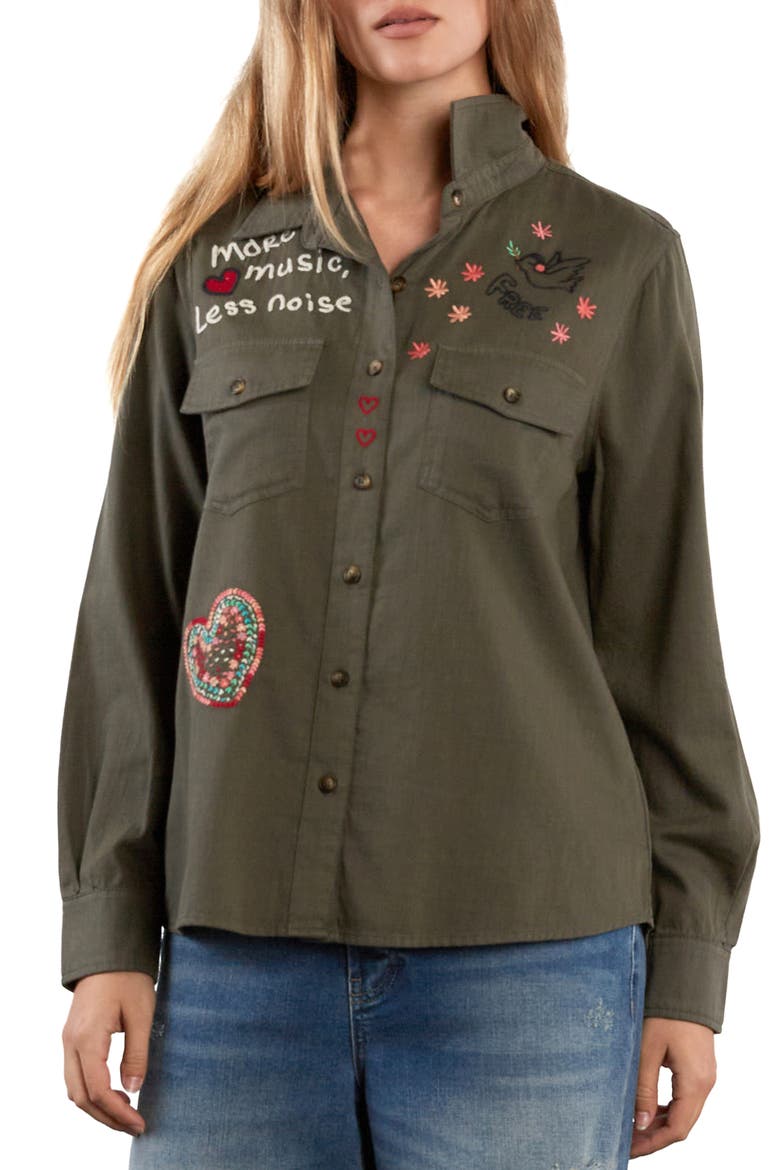 More Music Less Noise Denim Shirt, Main, color, ARMY GREEM