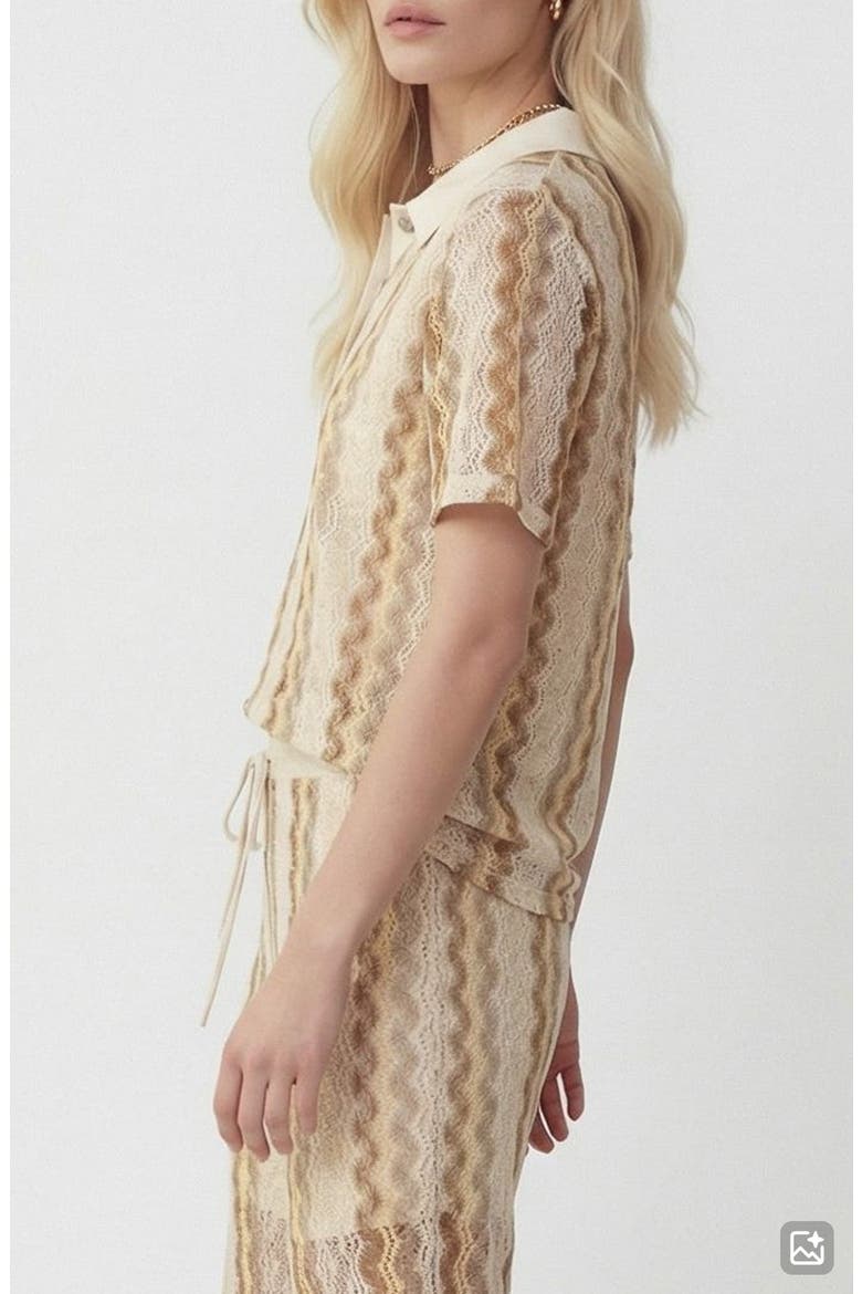 Teresa Chevron Openwork Knit Polo Top, Alternate, color, BIRCH PATTERN SILVER MINK GOLD