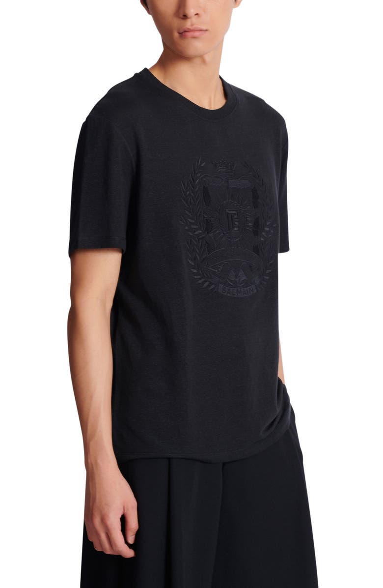 Balmain Écusson Embroidered Linen T-Shirt, Alternate, color, Black