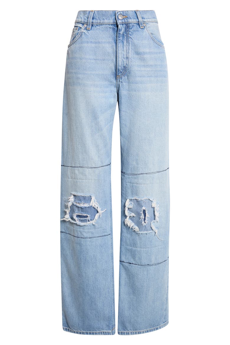 Distressed Patched Straight Let Jeans, Alternate, color, MID BLUE