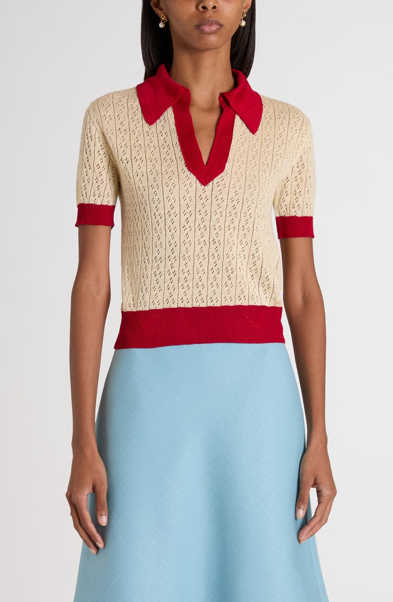 Valentino Garavani Pointelle Knit Polo Sweater, Main, color, Light Hazelnut