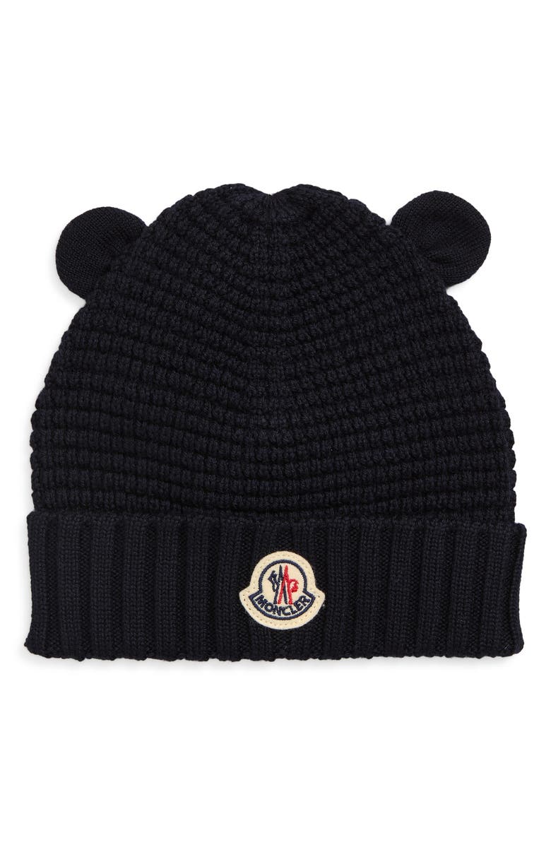 Moncler Kids' Teddy Bear Logo Patch Virgin Wool Beanie, Main, color, Navy