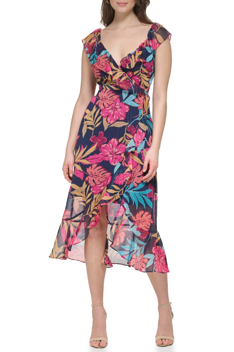 Tropical Floral Chiffon Faux Wrap Dress, Main, color, NAVY MULTI