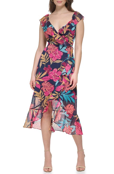 Tropical Floral Chiffon Faux Wrap Dress