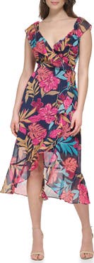 Kensie Tropical Floral Chiffon Faux Wrap Dress