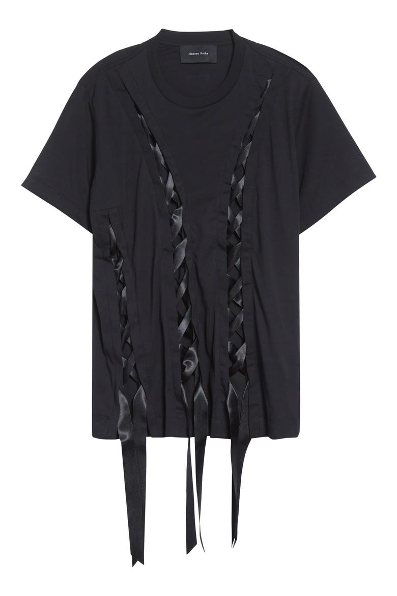 Unraveling Ribbon Inset T-Shirt, Alternate, color, BLACK