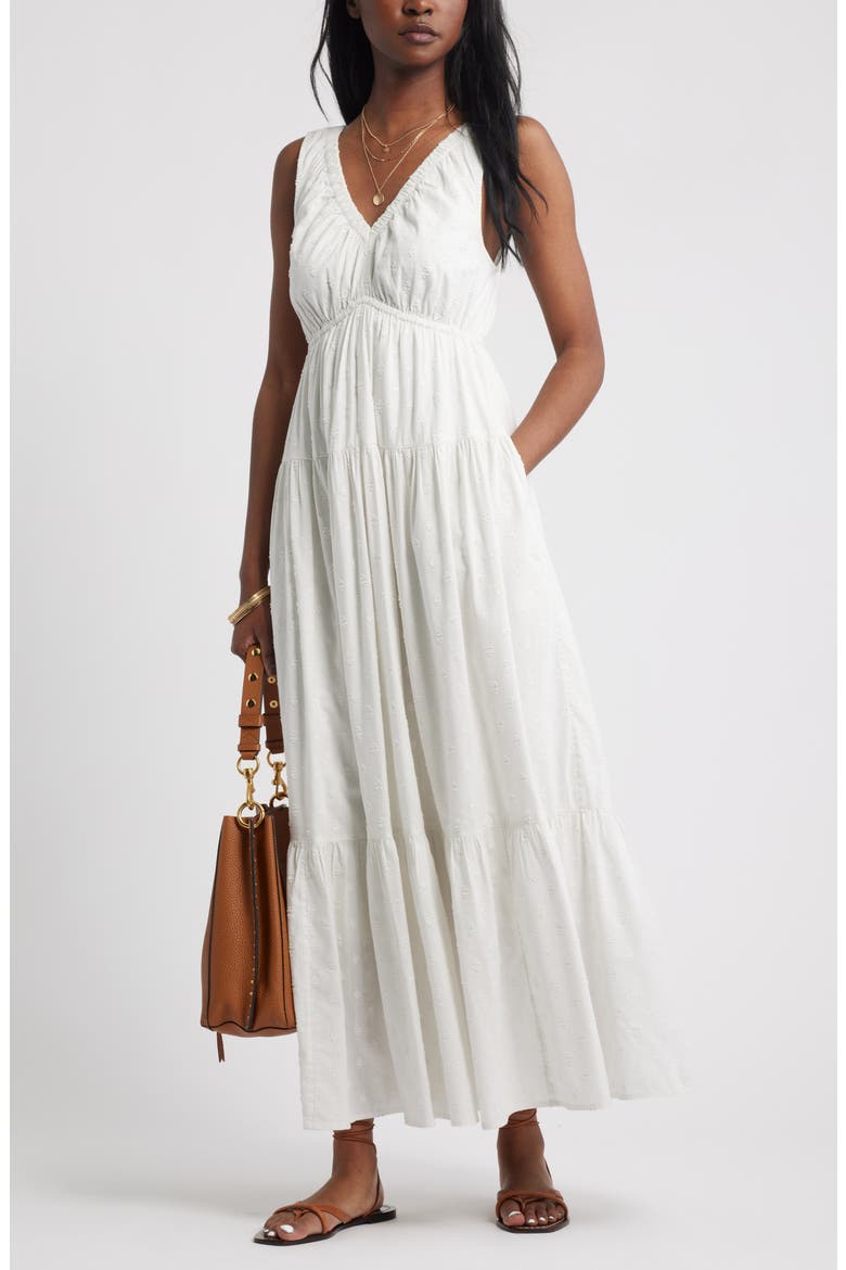 Shirred Cotton Blend Jacquard Sundress, Alternate, color, WHITE BLANC