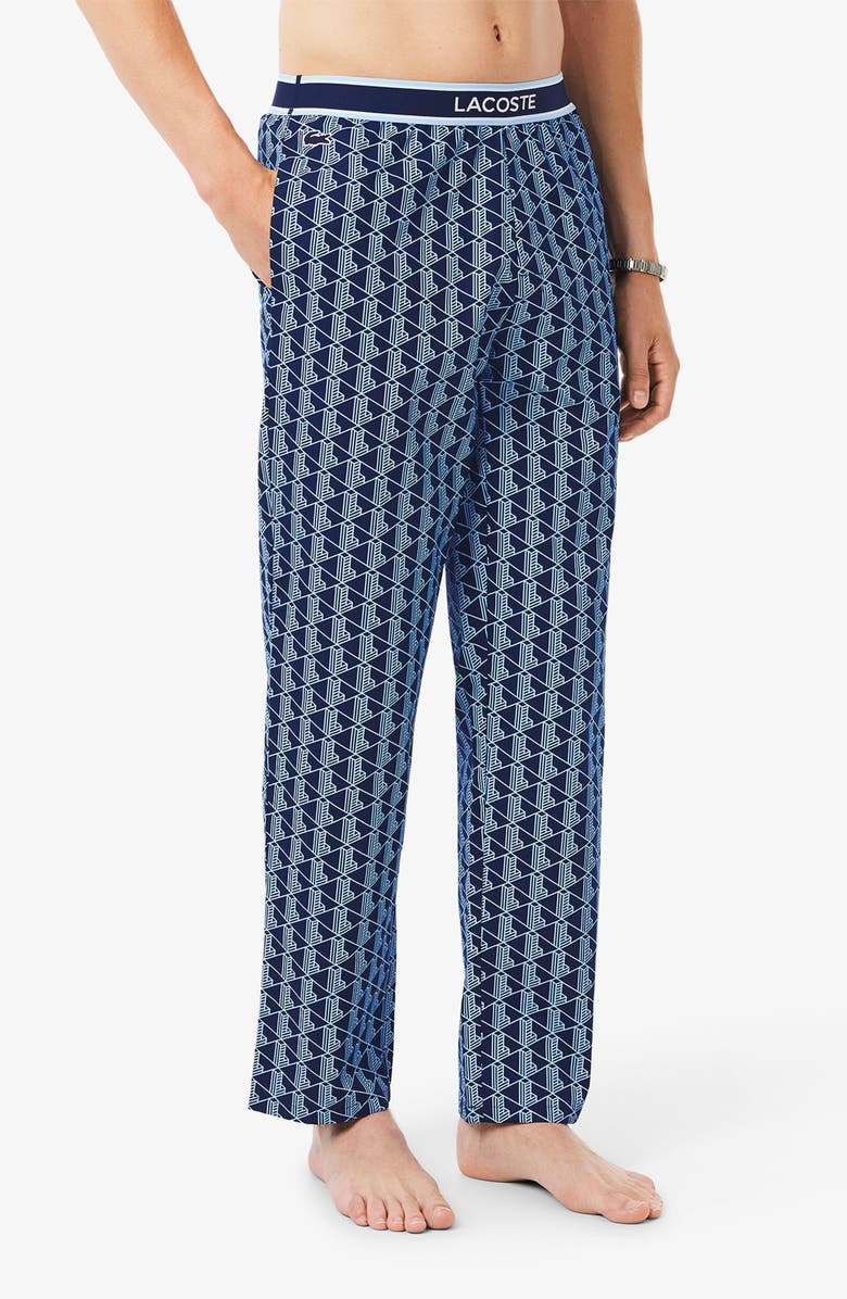 Lacoste Monogram Stretch Cotton Pajama Pants, Alternate, color, Navy Blue/ Overview