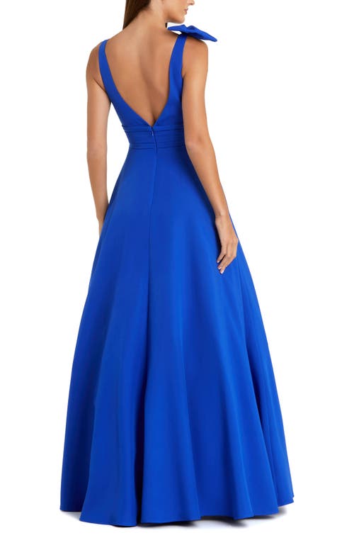 Mac Duggal Crepe Sleeveless V Neck Ballgown With Bow In Cobalt