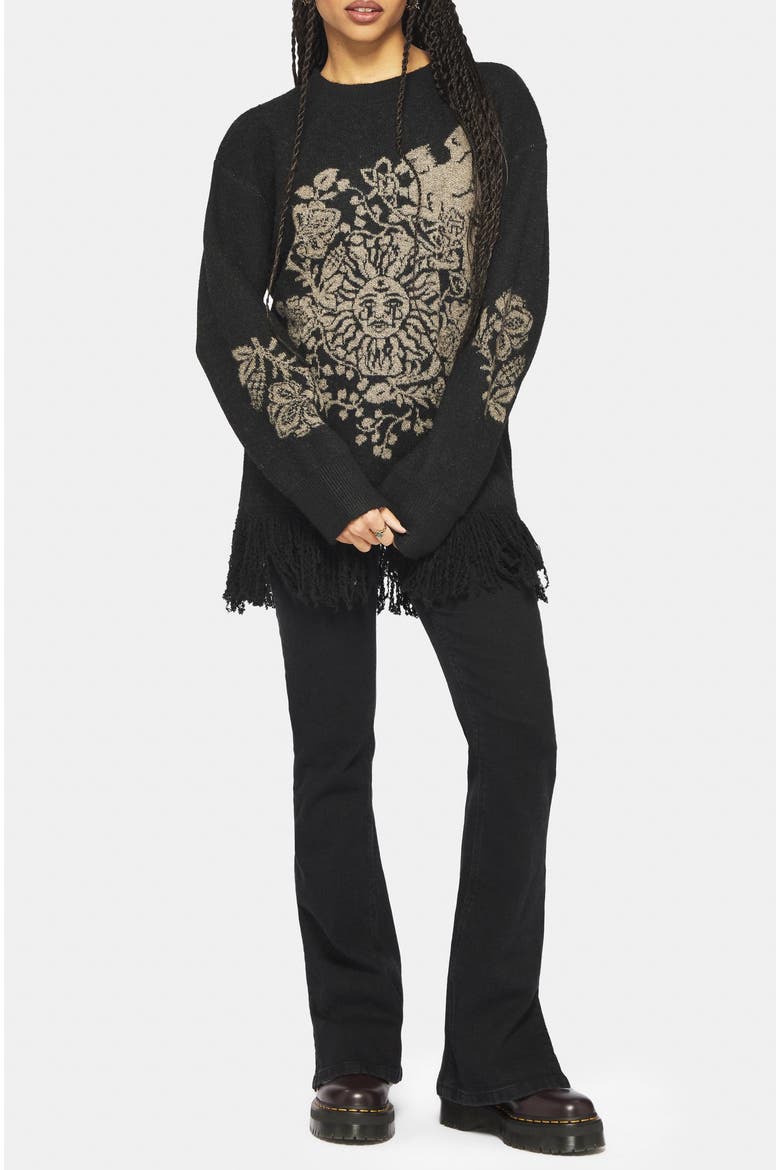 Dia Fringe Hem Jacquard Knit Sweater, Alternate, color, Black