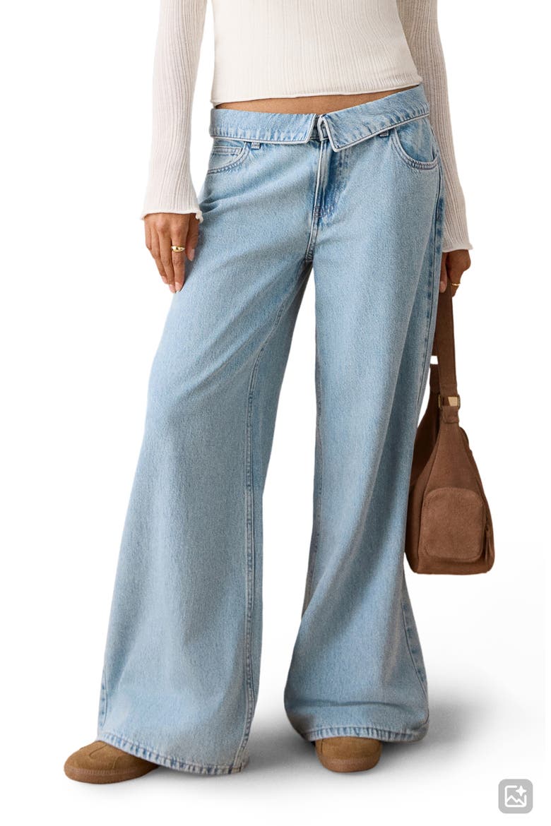 Foldover Low Rise Wide Leg Jeans, Main, color, LIGHT BLUE