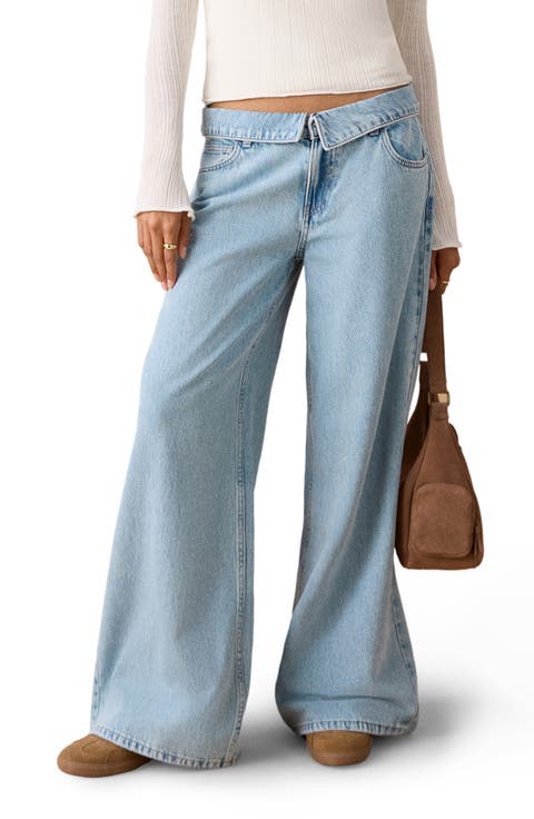 Foldover Low Rise Wide Leg Jeans