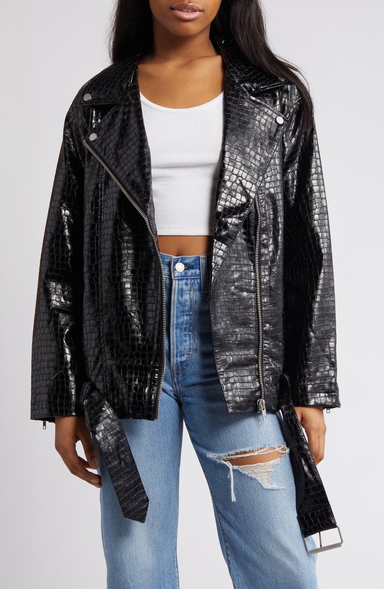 ASOS DESIGN Croc Embossed Patent Leather Moto Jacket, Main, color,