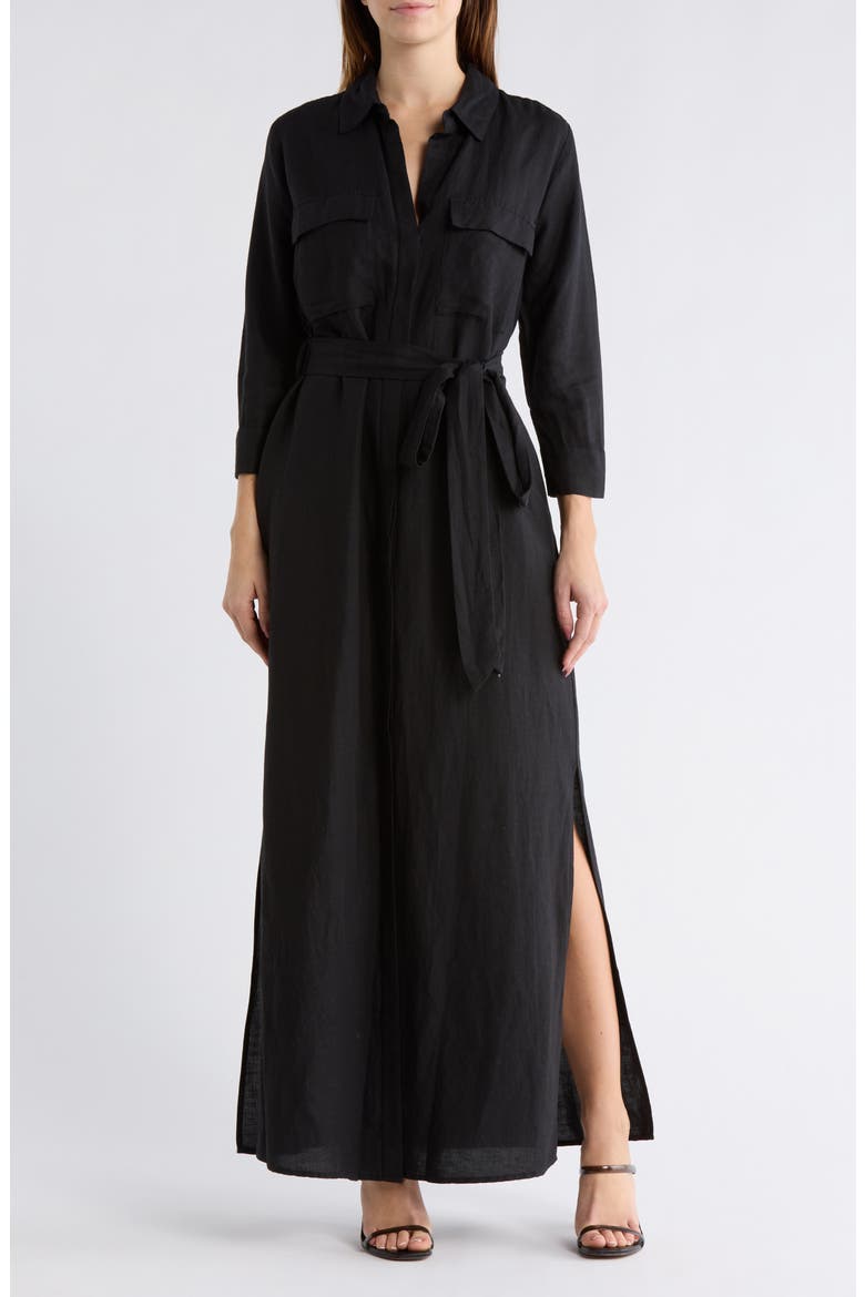 Cameron Belted Linen Blend Maxi Shirtdress, Main, color, BLACK