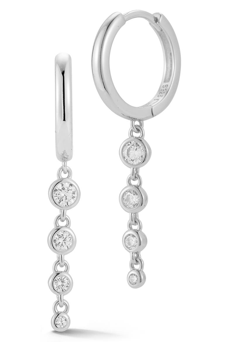 Cubic Zirconia Drop Huggie Hoop Earrings, Main, color, SILVER