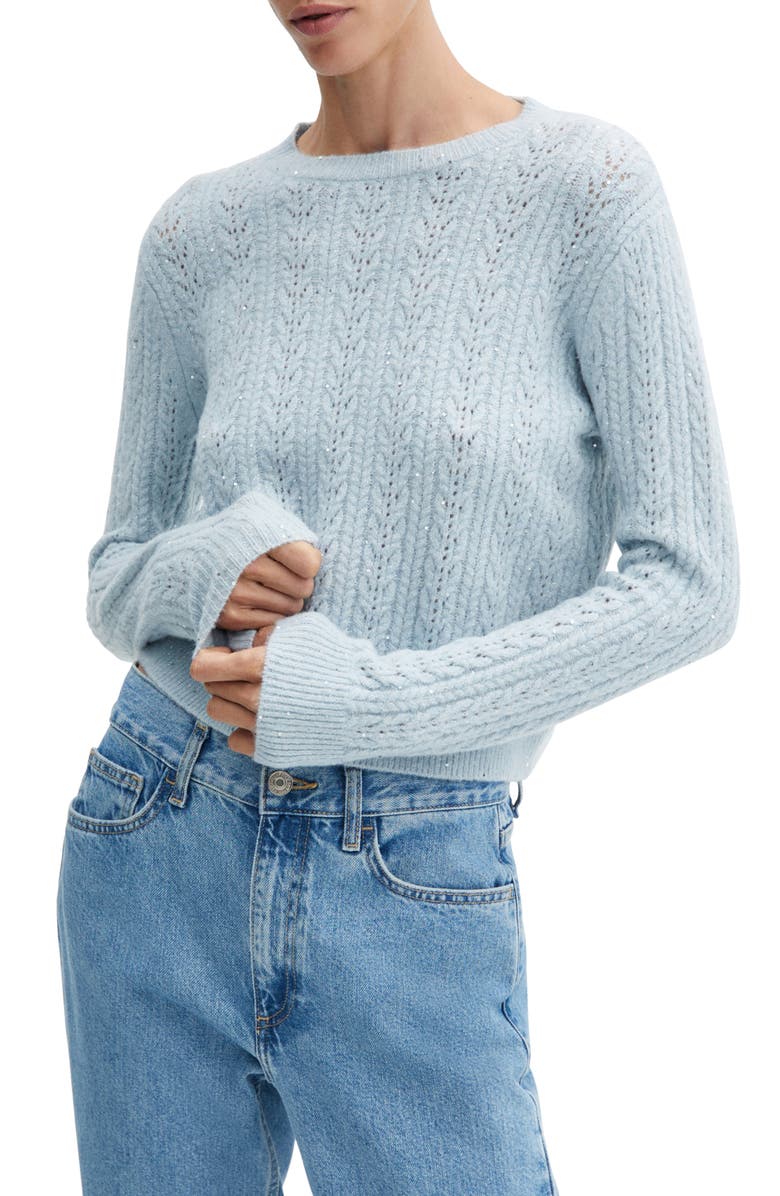 MANGO Sequin Cable Sweater, Main, color, Sky Blue