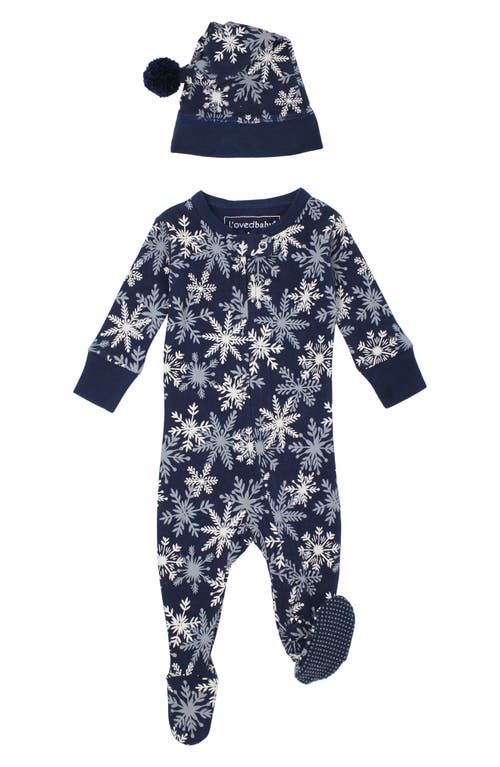 L'Ovedbaby Holiday Organic Cotton Pompom Cap & Zip Footie Set in Snowflakes 