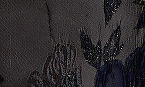 Alfred Sung Metallic Floral Jacquard Strapless Sheath Gown In Noir Midnight Navy