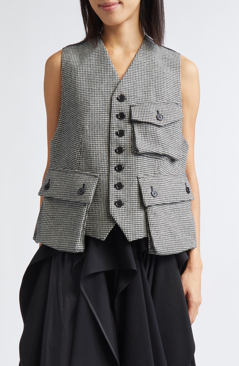 Noir Kei Ninomiya Houndstooth Wool Blend Tweed & Satin Vest, Main, color, Black X White