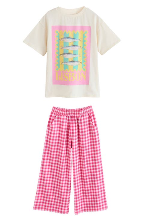 Kids' Lisbon Oversize Graphic T-Shirt & Textured Gingham Pants Set (Big Kid)