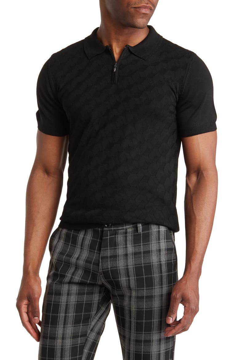 Short Sleeve Textured Knit Zip Polo, Main, color, BLACK