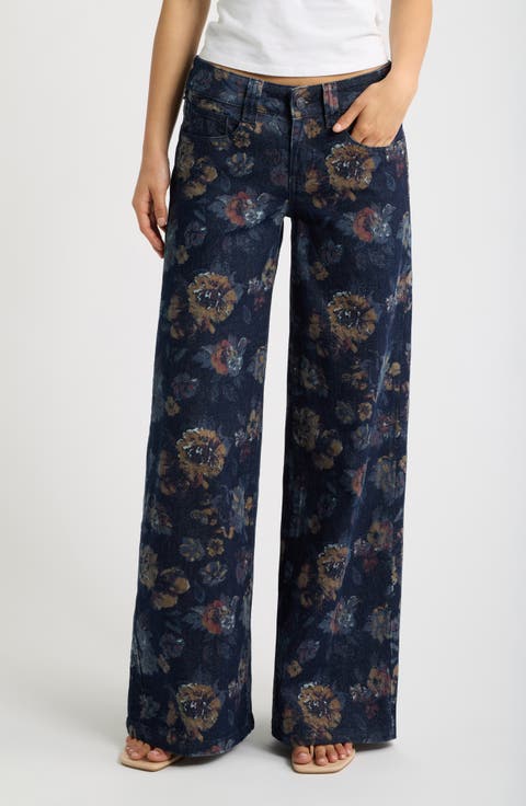 Floral Print Low Rise Wide Leg Jeans
