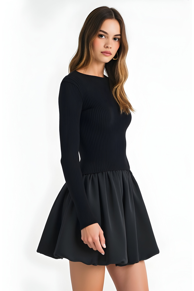 Knit and Woven Fit-and-Flare Mini Dress with Ribbed Long Sleeve Top, Alternate, color, Black