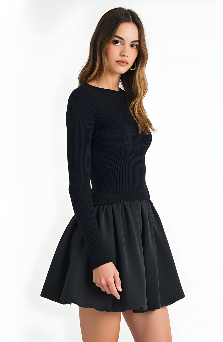 Modenaire Knit and Woven Fit-and-Flare Mini Dress with Ribbed Long Sleeve Top, Alternate, color, 