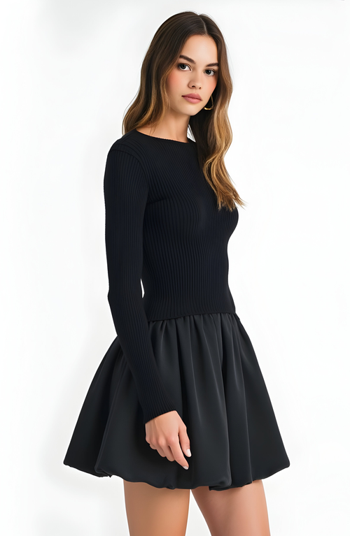 Modenaire Knit And Woven Fit-and-flare Mini Dress With Ribbed Long Sleeve Top In Black