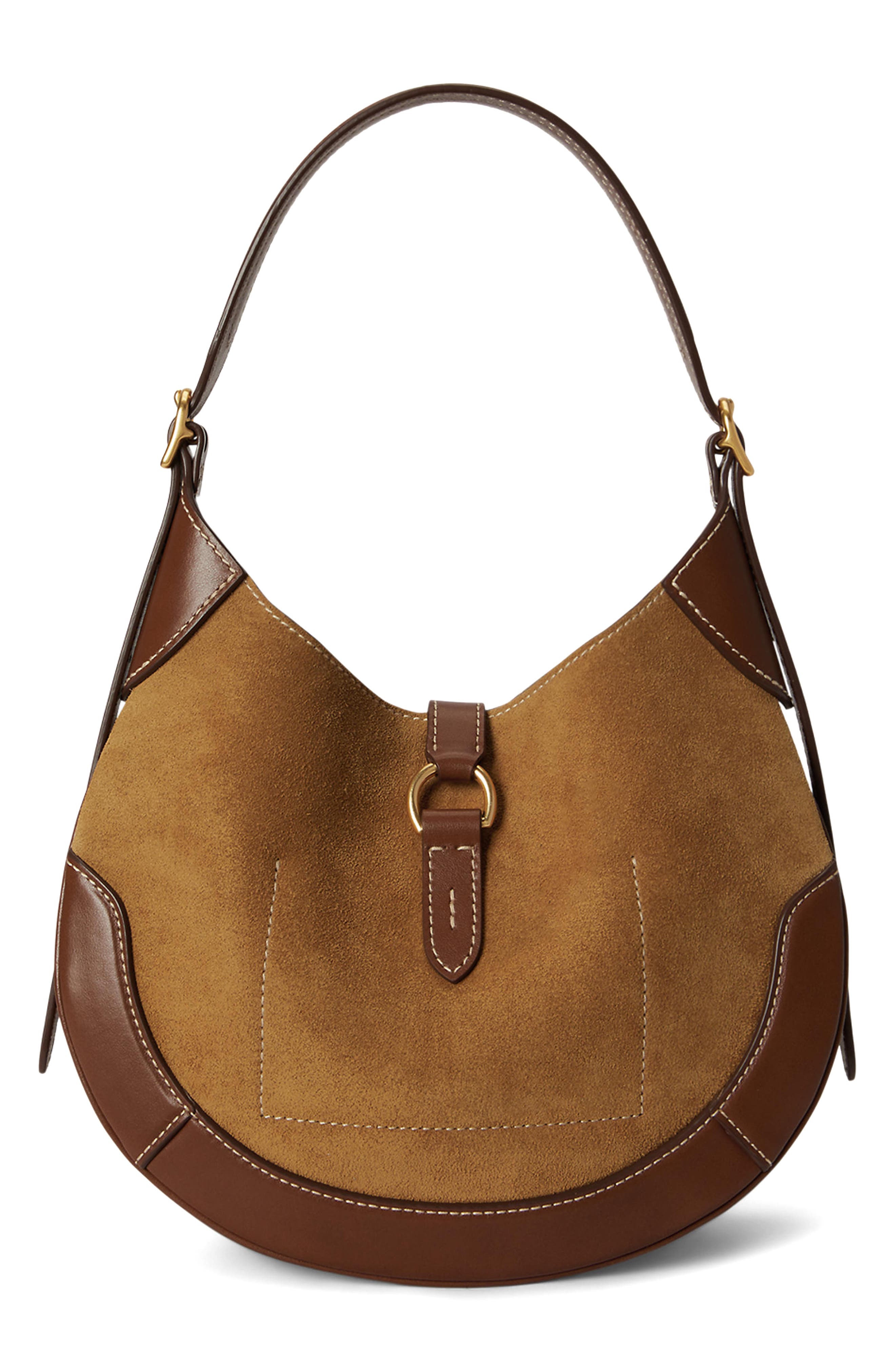 Small Polo ID Suede & Leather Shoulder Bag, Alternate, color, CLAY/ TOBACCO