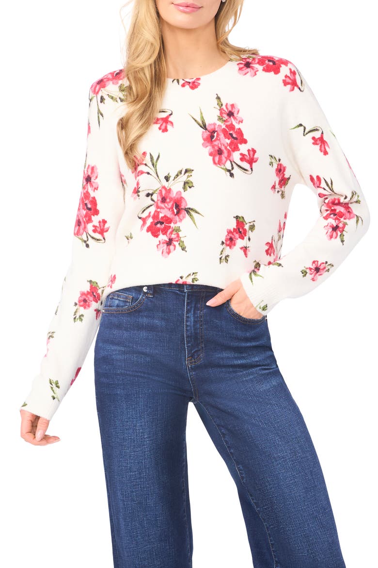 Floral Long Sleeve Crewneck Sweater, Main, color, NEW IVORY