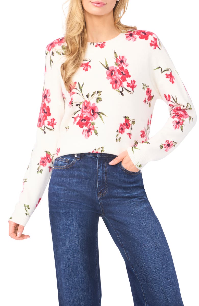 CeCe Floral Long Sleeve Crewneck Sweater, Main, color, New Ivory