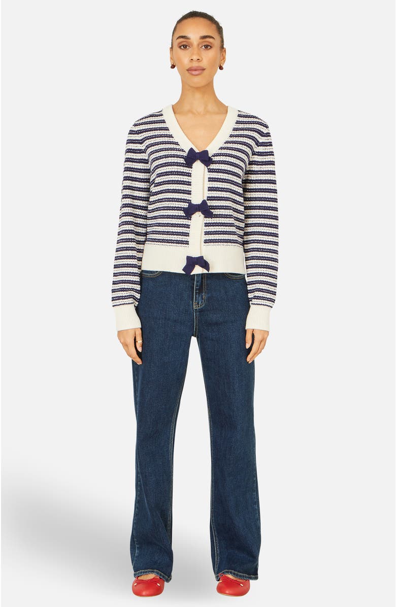 Yumi Stripe With Bow Detail Cardigan, Alternate, color, Navy