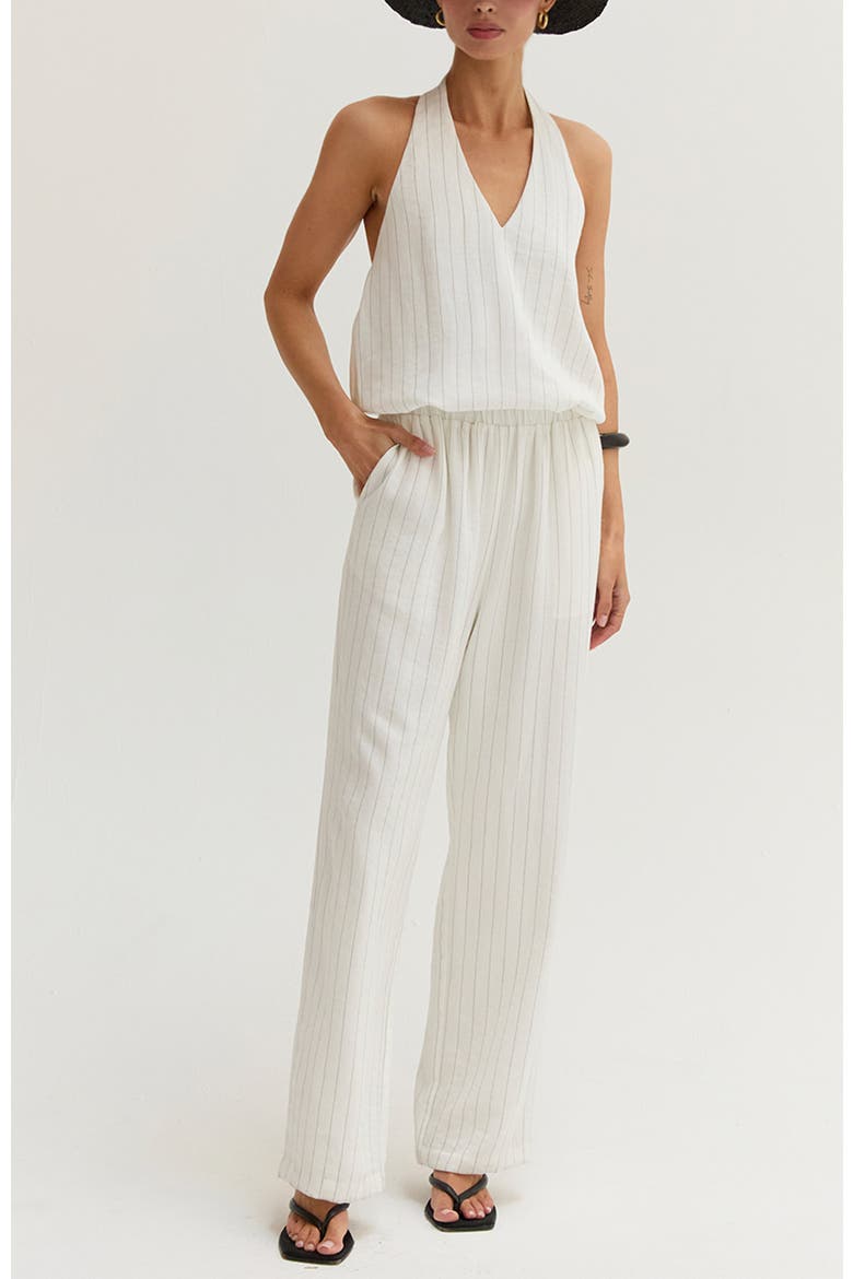 Pinstripe Halter Linen Blend Jumpsuit, Main, color, White