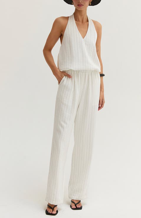 Pinstripe Halter Linen Blend Jumpsuit
