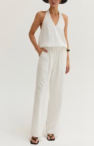 CRESCENT Pinstripe Halter Linen Blend Jumpsuit