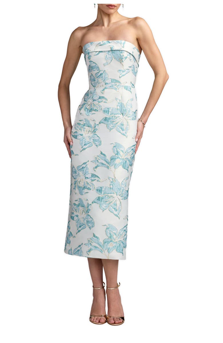 Mac Duggal Strapless Floral Brocade Midi Column Dress, Main, color, French Blue