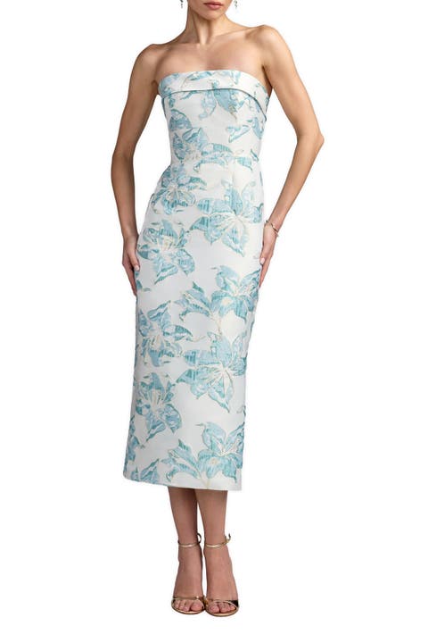 Strapless Floral Brocade Midi Column Dress