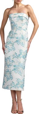 Mac Duggal Strapless Floral Brocade Midi Column Dress